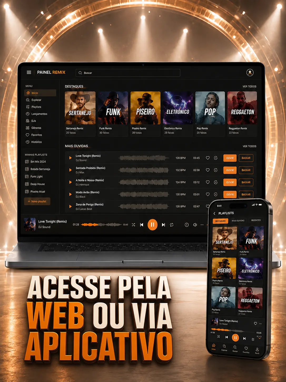 Painel de músicas sendo acessado pelo computador e pelo aplicativo no celular