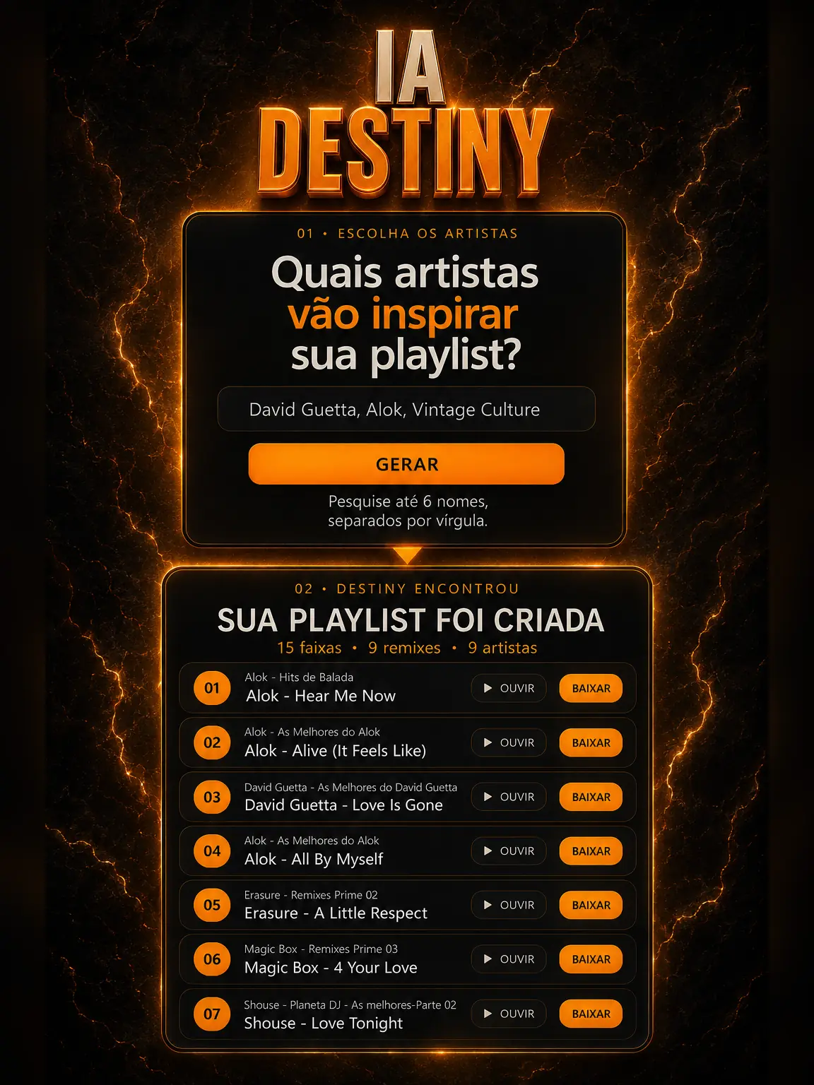 IA Destiny criando uma nova playlist a partir dos artistas escolhidos